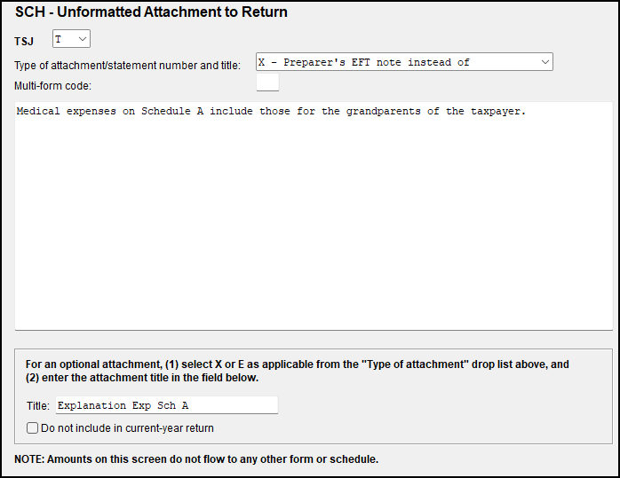 Image of screen SCH with "X" selected from the type of attachment drop list